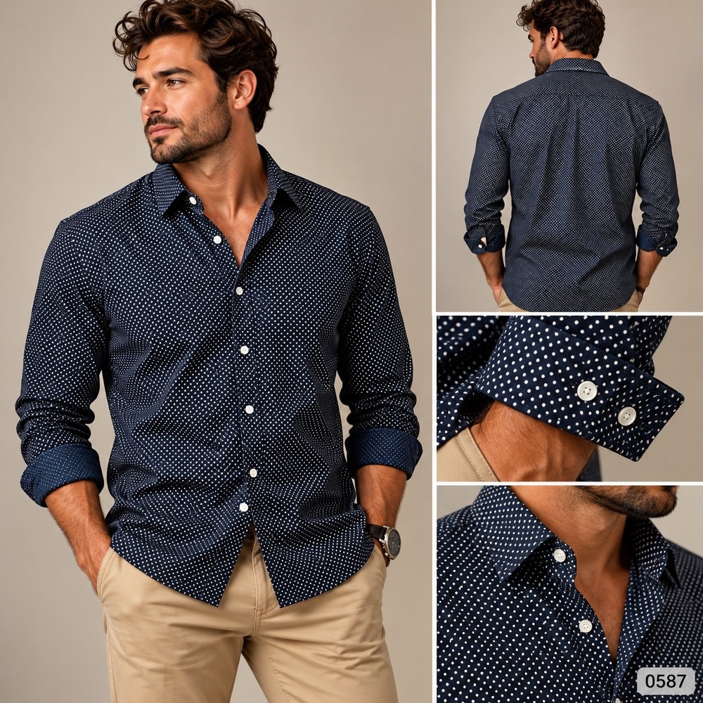 HM Mens Slim Fit Easy Iron Polka Dot Button Down Shirt Navy Blue White M 0587